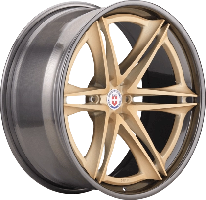 HRE S267H (3-Piece) forged wheel in Frozen Gold center, Polished Dark Clear barrel - 3/4 angle render