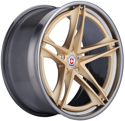 HRE S207H (3-Piece) forged wheel in Frozen Gold center, Polished Dark Clear barrel - 3/4 angle render