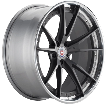 HRE S104 (2-Piece) forged wheel in Satin Charcoal center with Polished Clear and Gloss Silver FMR-X barrel - 3/4 angle render