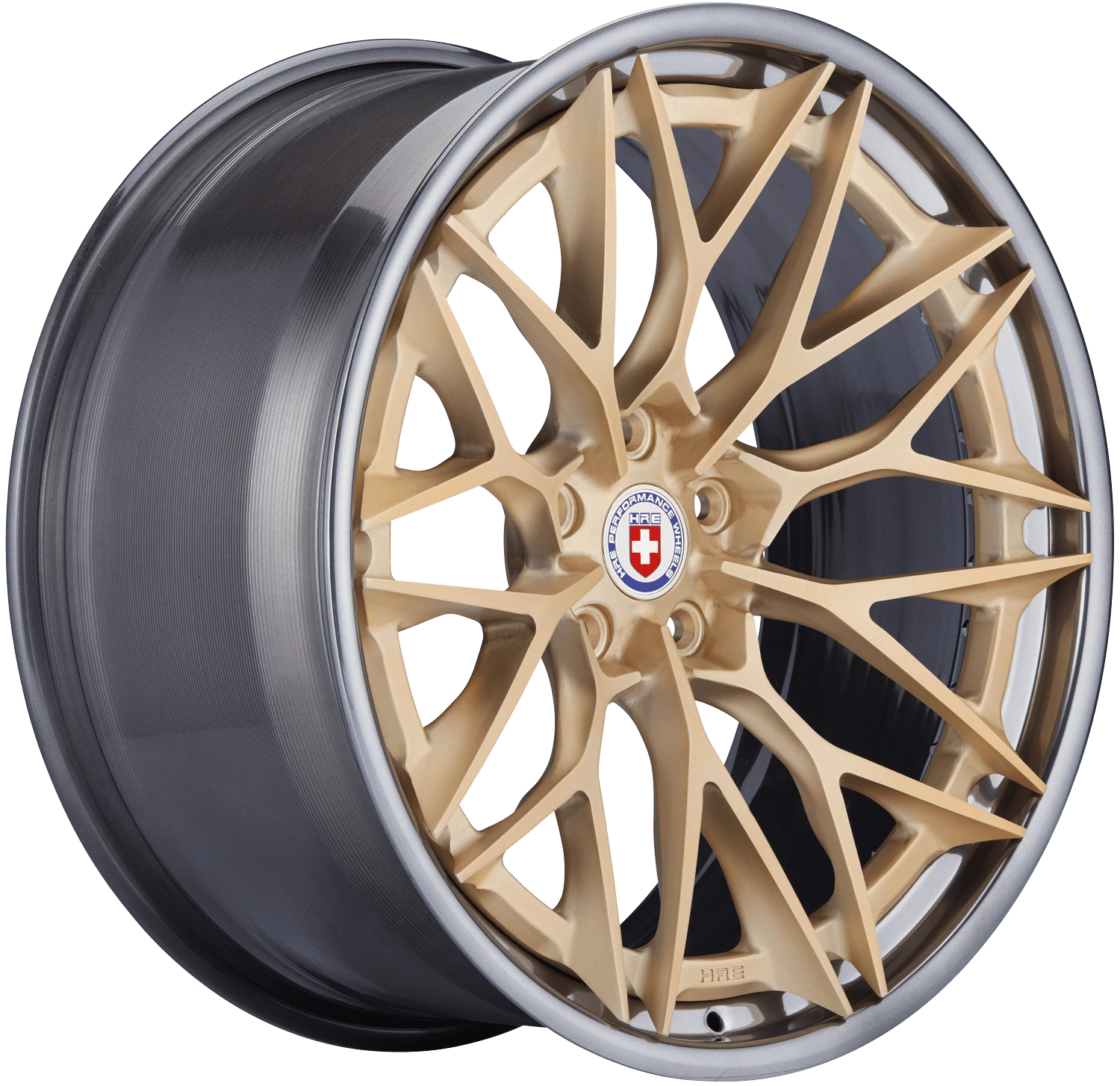 HRE S200H (2-Piece) forged wheel in Frozen Gold center, Polished Dark Clear FMR-X barrel - 3/4 angle render