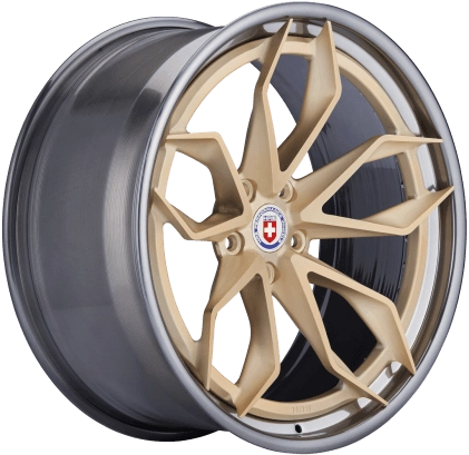 HRE S201H (2-Piece) forged wheel in Frozen Gold center, Polished Dark Clear FMR-X barrel - 3/4 angle render