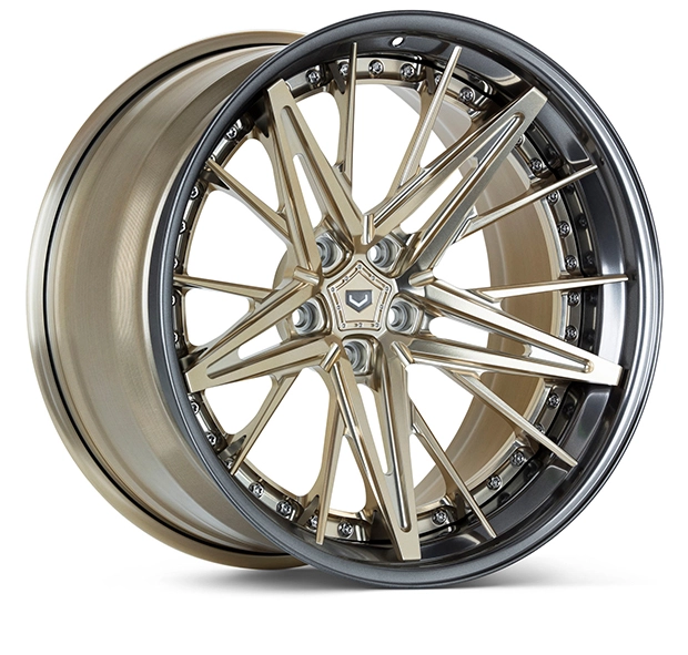 Vossen M-X6 (3-Piece) forged wheel in Patina Gold - 3/4 angle render facing right