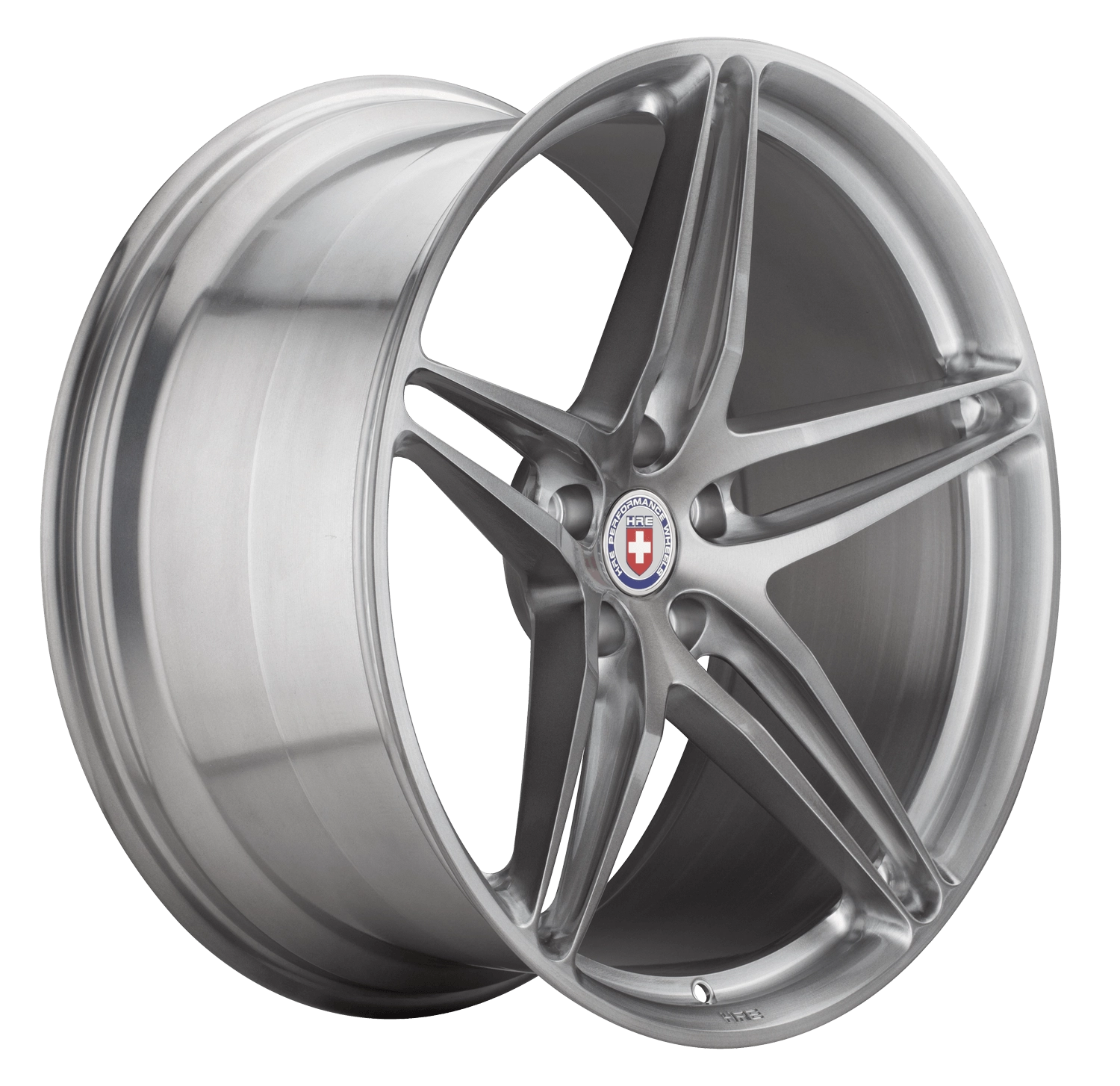 HRE P107 forged monoblock wheel - 3/4 angle render in Brushed Dark Clear