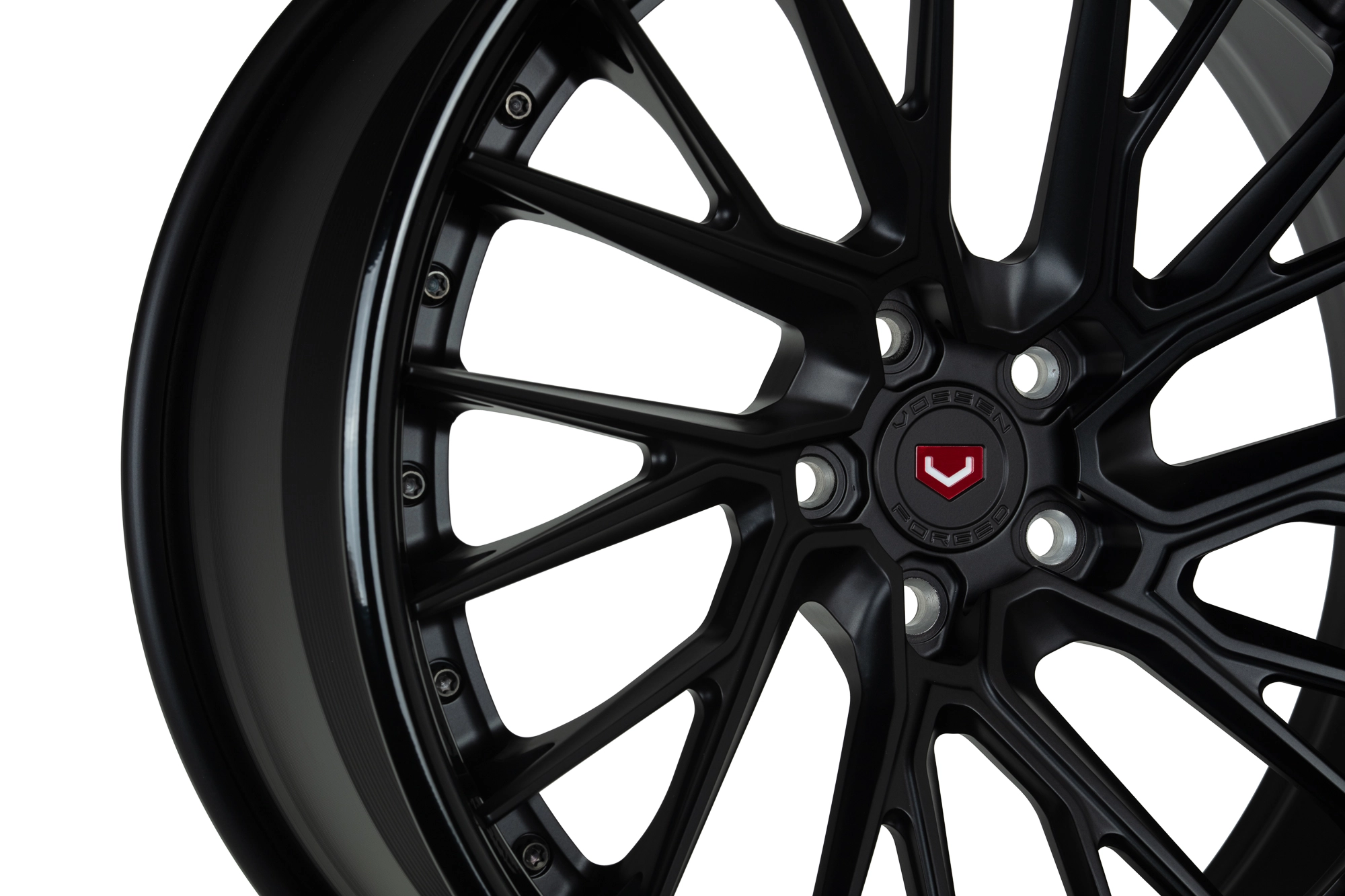 Vossen EVO-6T (3-Piece) spoke and center cap detail in Satin Black face