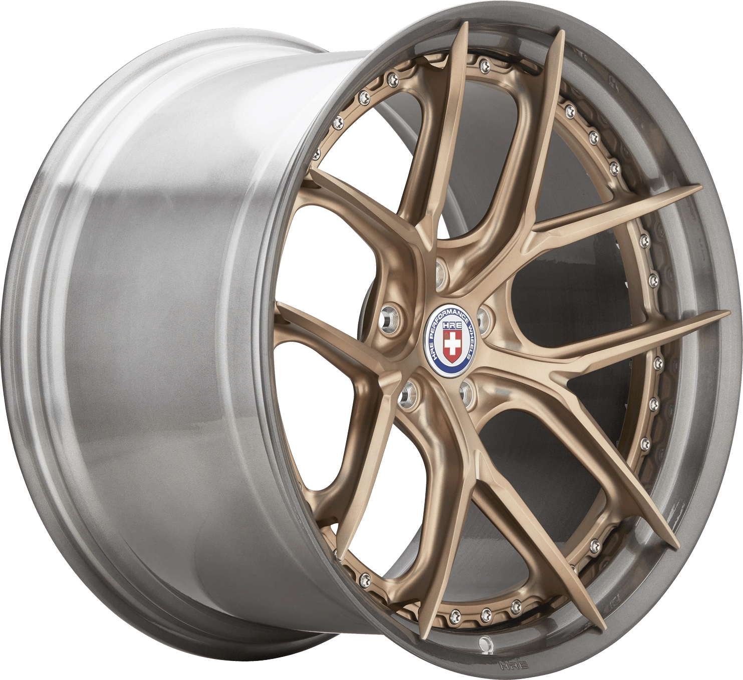 HRE S101SC 2-piece forged SuperConcave wheel in Frozen Polished Champagne center and Brushed Dark Clear barrel - 3/4 angle render