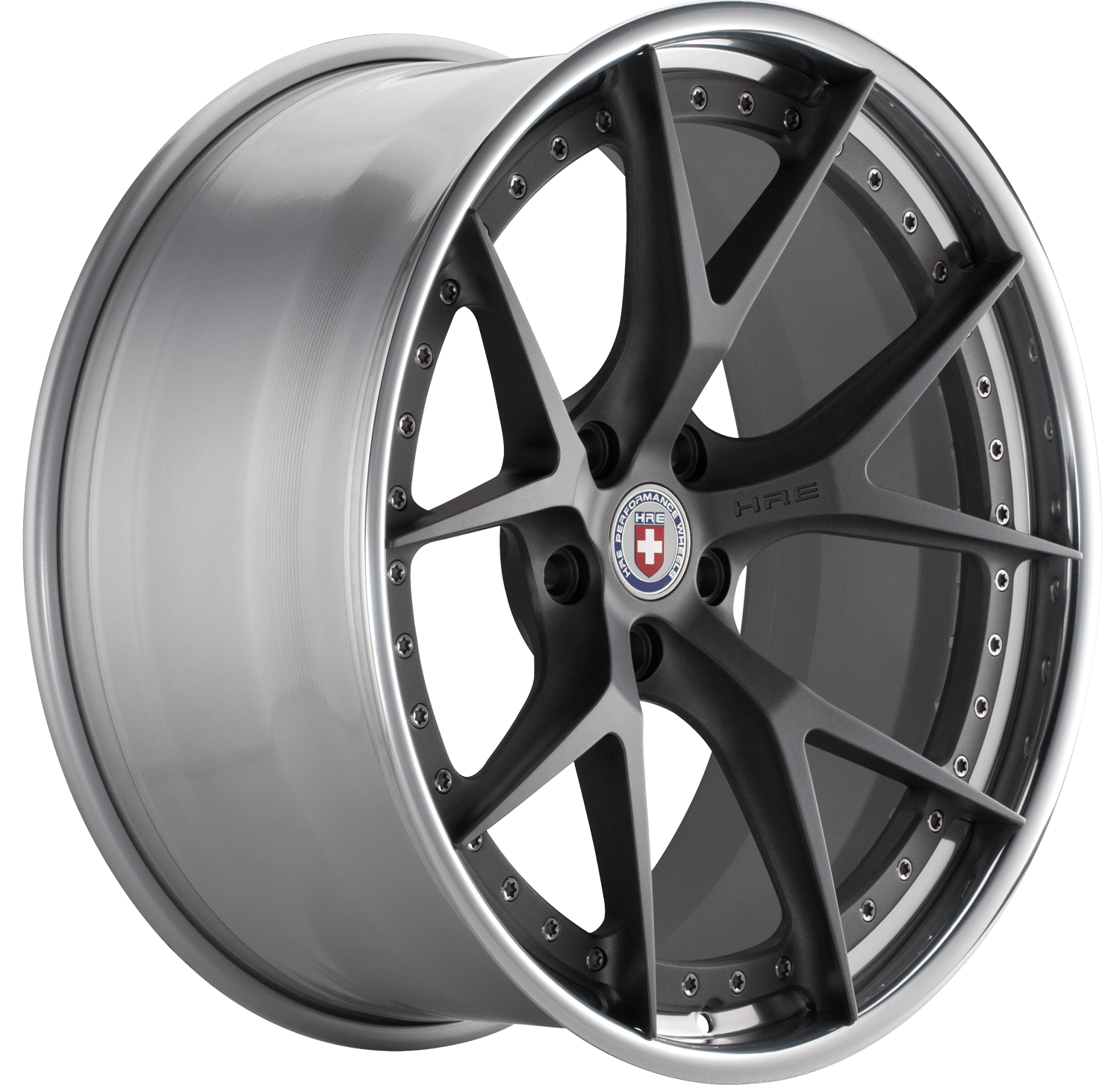 HRE S101 (2-Piece) forged wheel in Satin Charcoal center, Polished Clear and Gloss Silver FMR-X barrel - 3/4 angle render