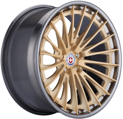 HRE S209H (3-Piece) forged wheel in Frozen Gold center, Polished Dark Clear barrel - 3/4 angle render