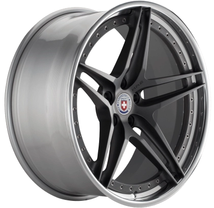 HRE S107 (3-Piece) forged wheel in Satin Charcoal center, Polished Clear outer barrel, Gloss Silver inner barrel - 3/4 angle render